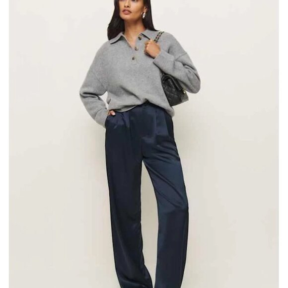 Reformation Mason Satin Pant Blue - Size 0 - Picture 2 of 3